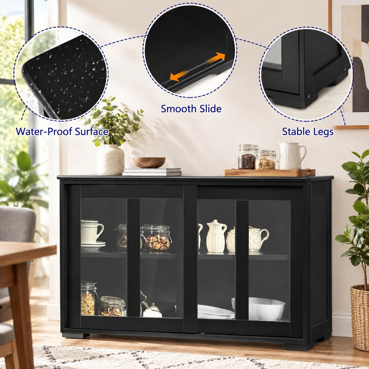Airfind Kitchen Storage Cabinet with Glass Sliding Door, MDF transparent tempered glass Frame, 42in x 13.0in x 24.5in Footprint, Black