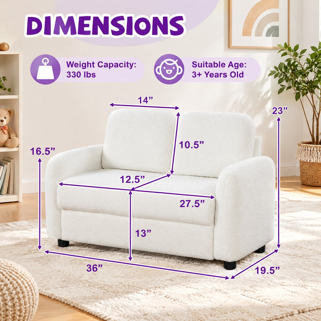 Airfind 2-Seat Kids Sofa Toddler Sofa Couch with Soft Teddy Fleece Upholstery and Solid Wooden Frame, 330 lbs Capacity, for 3+ Years Old, White