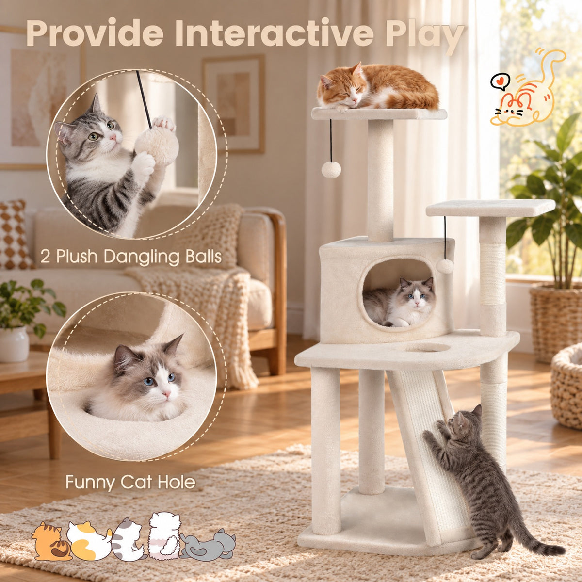 Airfind 44 Inch Tall Kitten Tower with Condo and 2 Plush Perches, 22 lbs Capacity, Engineered Wood Sponge Plush Fabric Sisal Frame, Beige