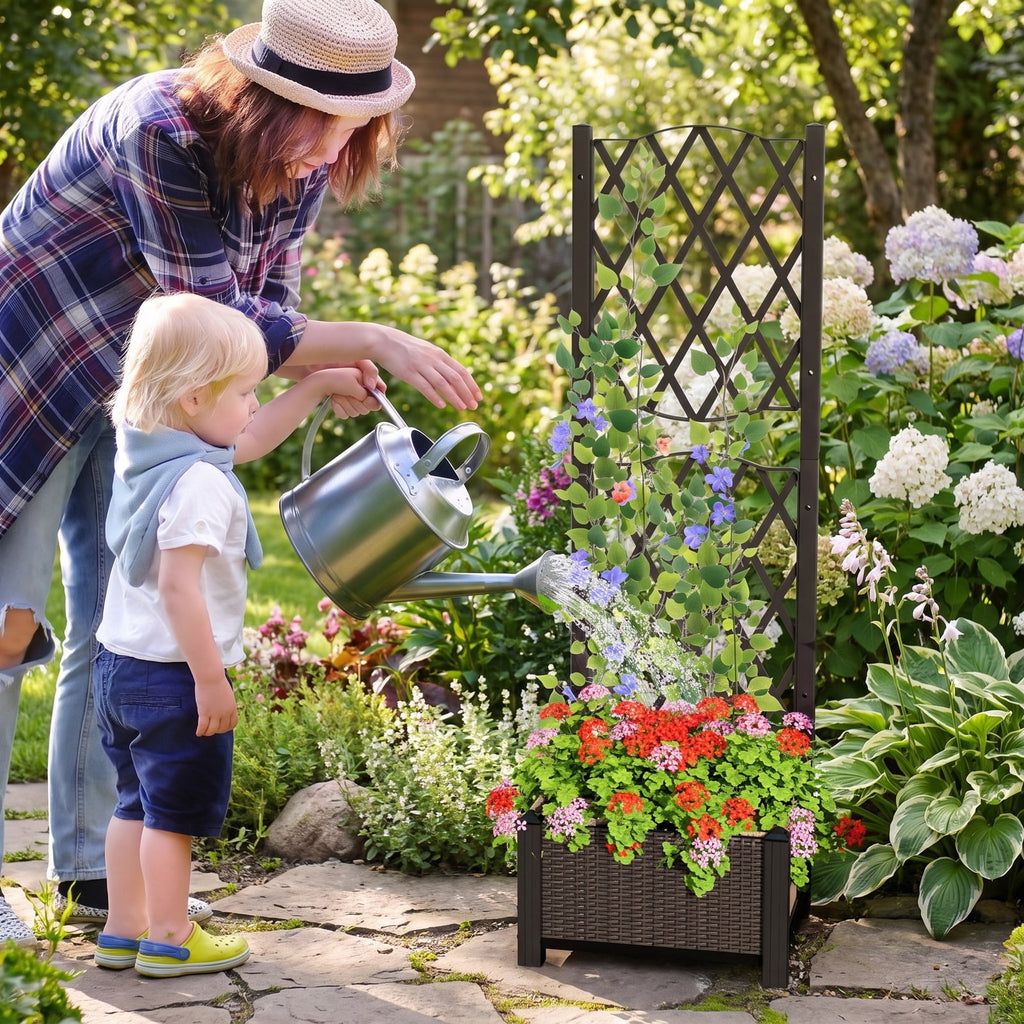 Airfind Raised Garden Bed with Trellis Planter Box for Climbing Plants, PP Frame, 16 x 16 x 48 Footprint, Brown