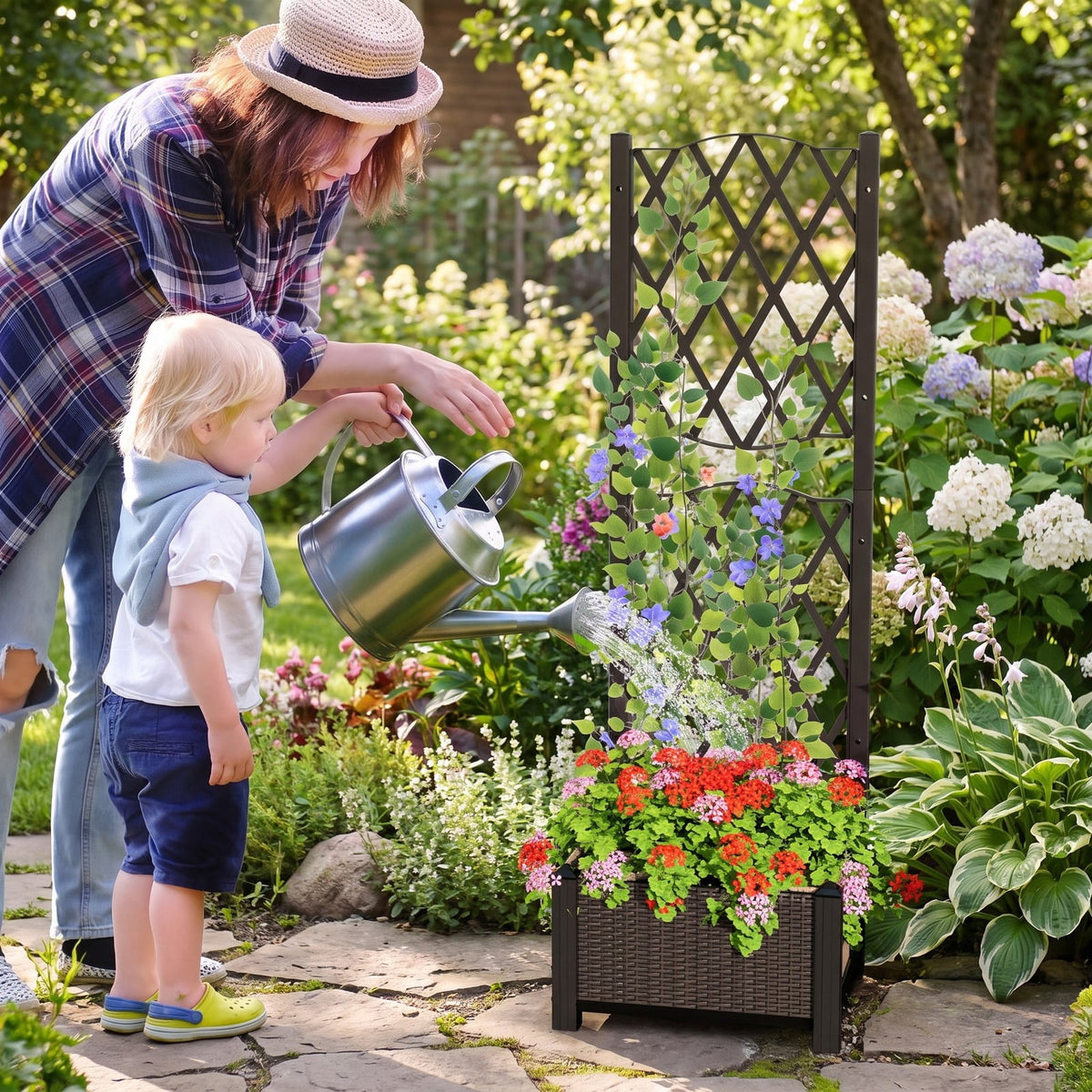 Airfind Raised Garden Bed with Trellis Planter Box for Climbing Plants, PP Frame, 16 x 16 x 48 Footprint, Brown