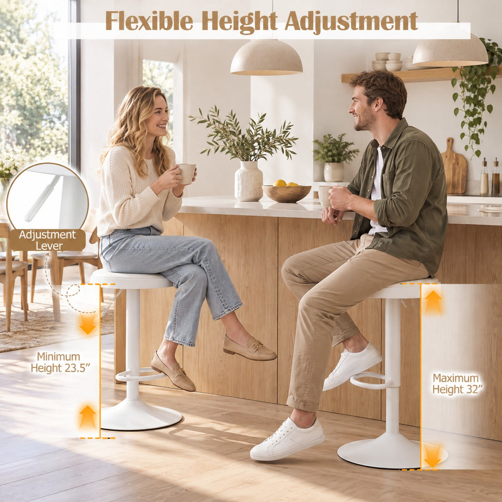 Airfind Set of 2 Kitchen Bar Stools with Height Adjustment Padded Seat and D-Shaped Footrest, 330 lbs Capacity, Metal Sponge Fabric Frame, White