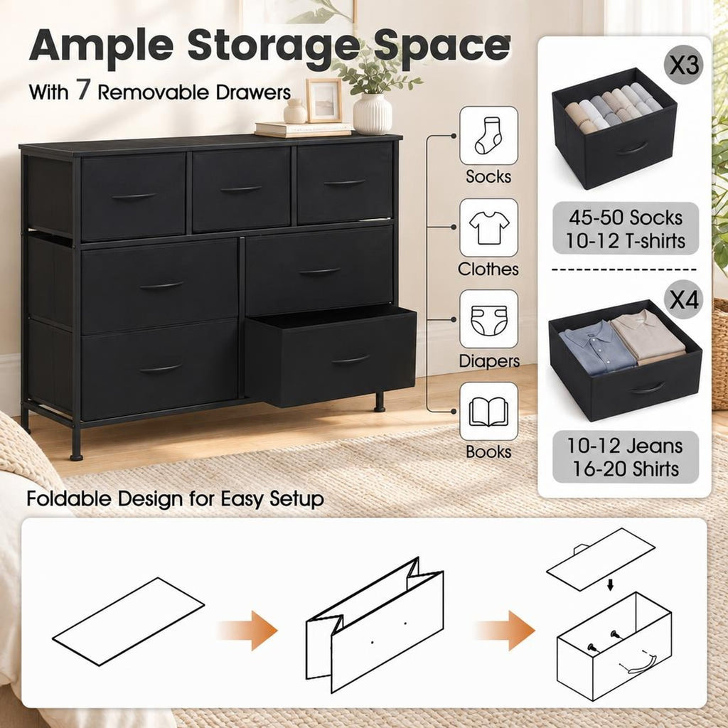 Airfind 7-Drawer Wide Dresser with 2-Sized Folding Fabric Drawers for Bedroom, 155 lbs Capacity, Engineered Wood Frame, 39.5in x 12in x 31in Footprint