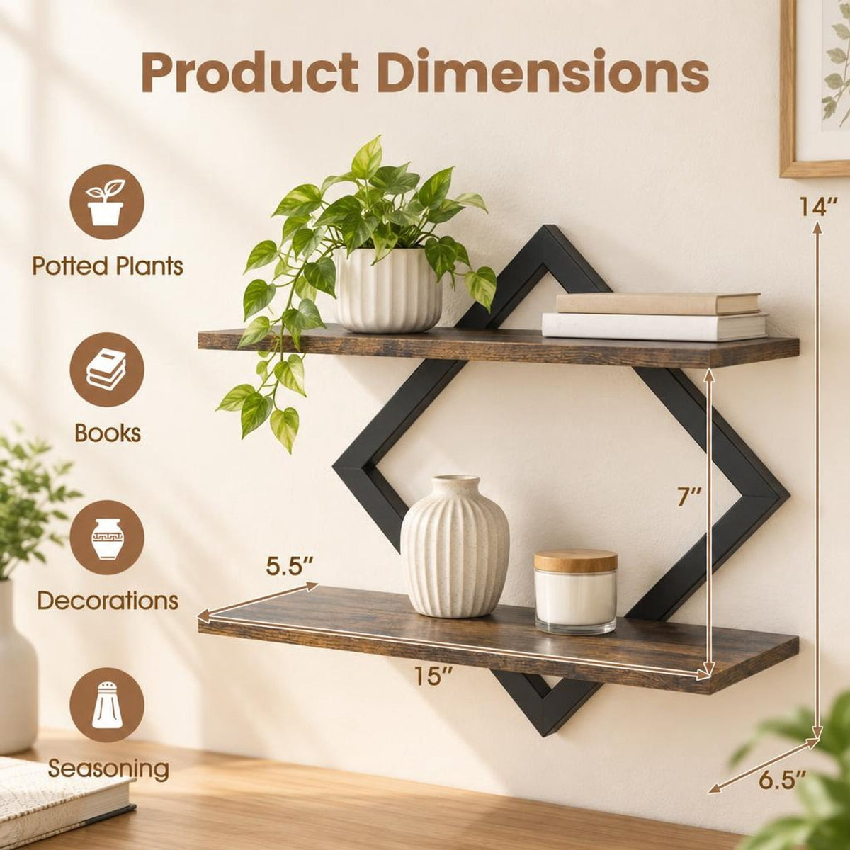 Airfind Set of 2 Metal Floating Shelves for Wall featuring Geometric Frame, Engineered Wood Metal Frame, 15 Inch x 6.5 Inch x 14 Inch Footprint, Brown