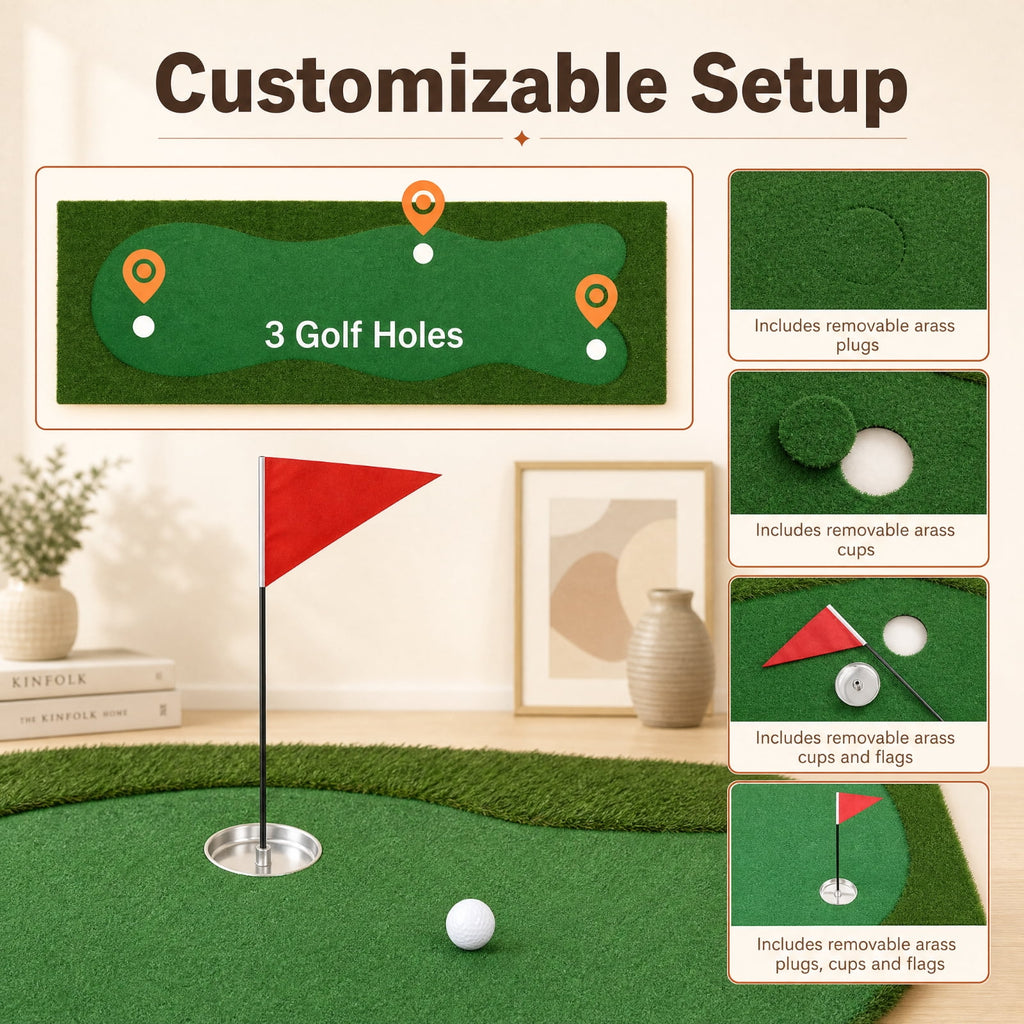 Airfind 10 x 3.3 FT Golf Putting Green with Realistic Artificial Grass Turf, Practice Putting Green Mat with 3 Holes for Indoor Outdoor Backyard