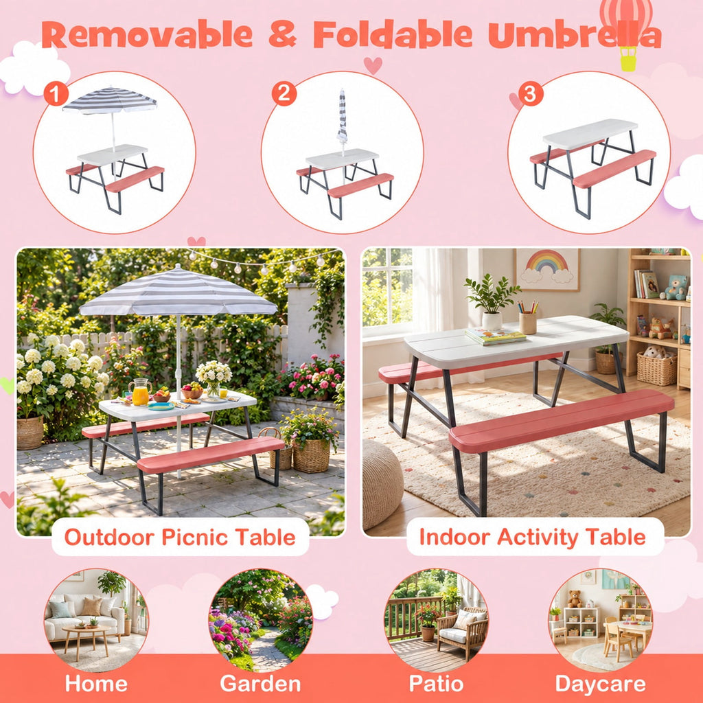 Airfind Kids Picnic Table with Benches Seats up to 4, 660 lbs Capacity, Metal Frame, for 3+ years old, 40 x 39.5 x 59 Tabletop Footprint, Pink