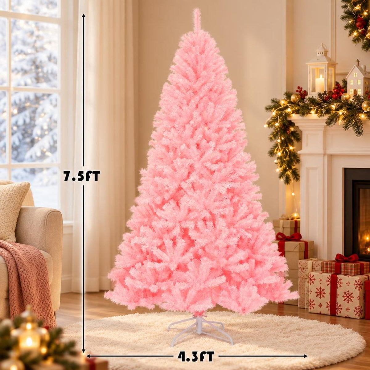 Airfind 7.5 Feet Hinged Artificial Christmas Tree Full Fir Tree, New PVC metal Length:7.5 ft Width:4.3 ft Frame, Pink