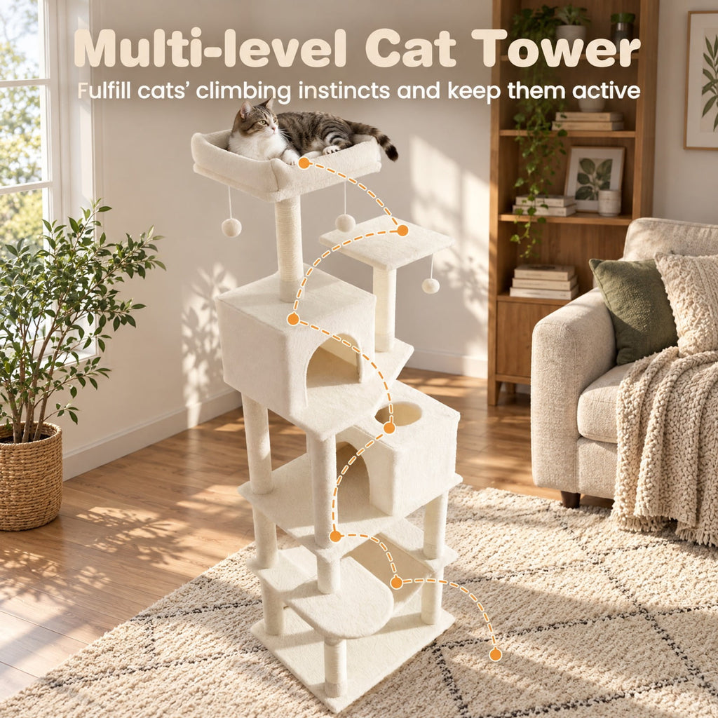 Airfind Multi-level Cat Tree Modern Cat Tower with Upholstered Perch and 2 Cat Condo, 24 x 18.5 Footprint, Beige