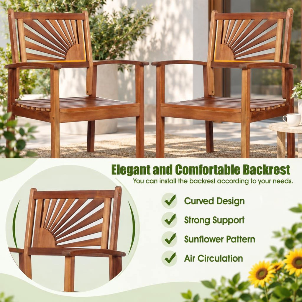Airfind 3 Pieces Acacia Wood Patio Bar Set with Sunflower Patterned Backrest, Acacia Wood Frame, 21.5 x 19.5 x 47 Footprint, Wood