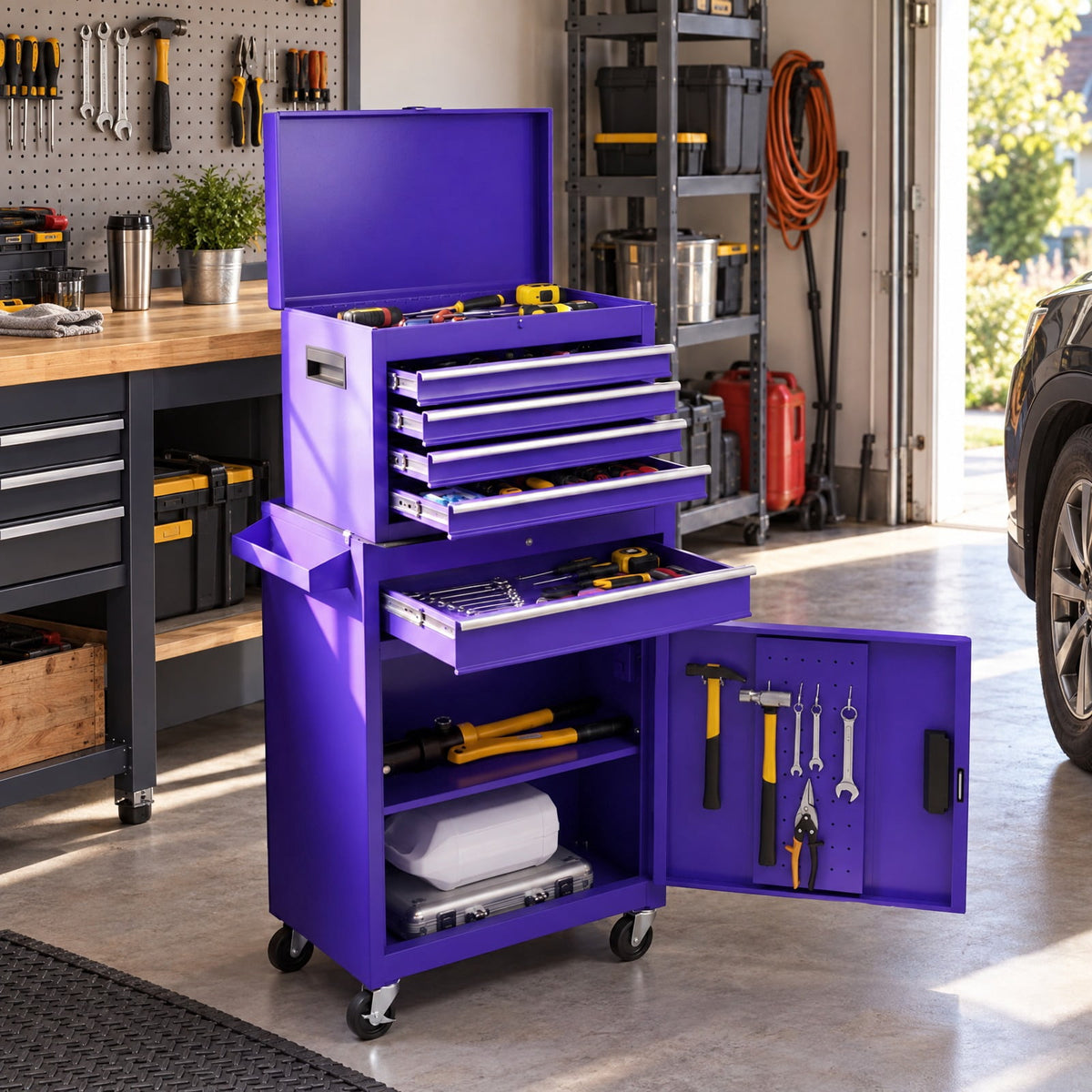 Airfind 2-in-1 Rolling Tool Chest with 5 Sliding Lockable Drawers, 220.5 lbs Capacity, Steel rubber-plastic synthetic Frame, Purple