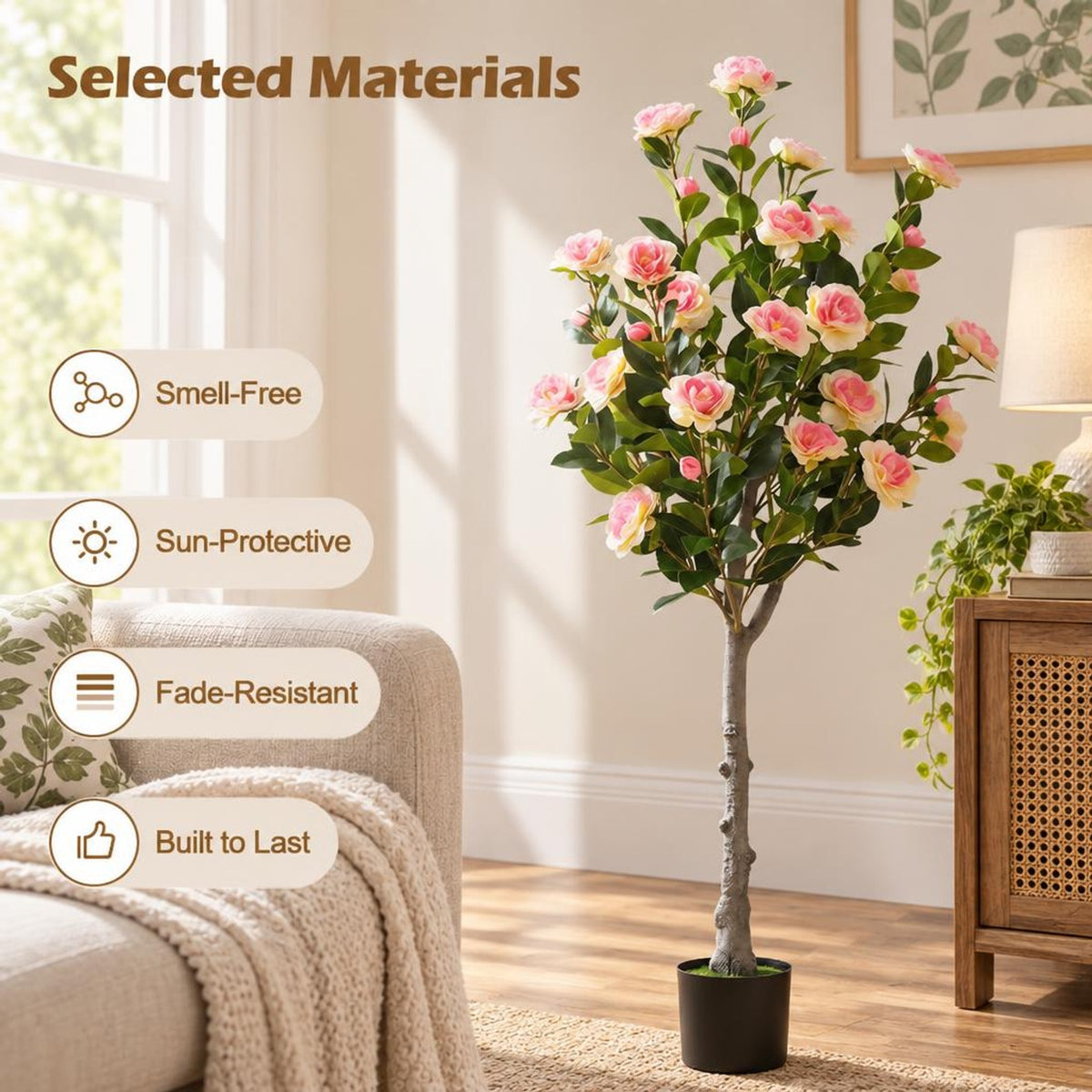 Airfind Set of 2 Artificial Camellia Tree with 27 Blossoms in Cement Pot for Home, Pink Green Black