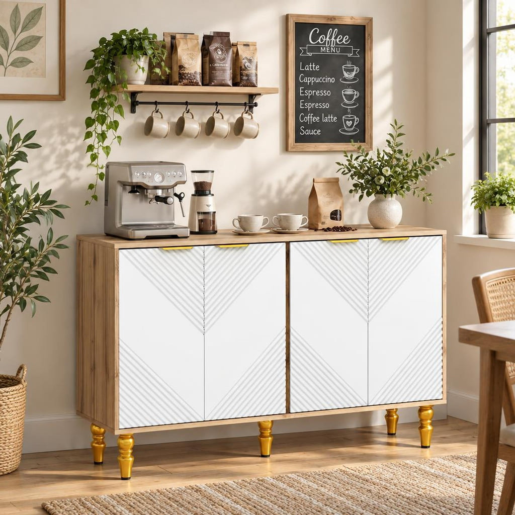 Airfind 47 Sideboard Buffet Cabinet with 4 Chevron Fluted Doors Anti-Toppling Devices for Kitchen, Natural