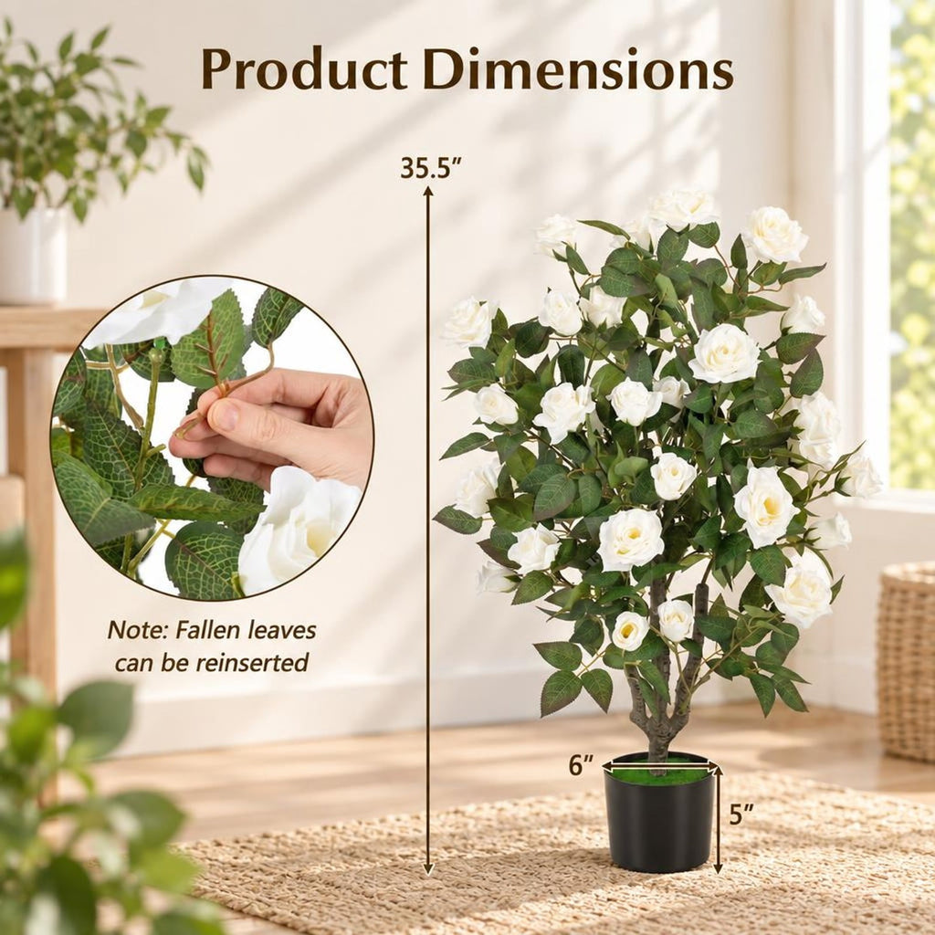 Airfind Artificial Rose Tree, 35.5 Inch, with Blooming Flowers and Leaves for Indoor, Silk Fabric Rubberized Fabric PE PP Tree Height 35.5 Inch Frame, White