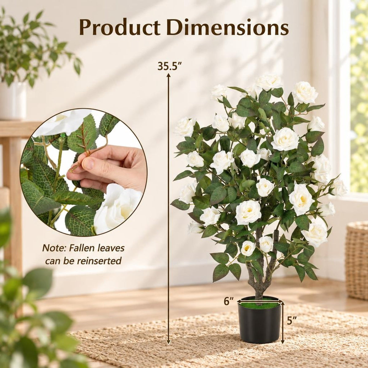 Airfind Artificial Rose Tree, 35.5 Inch, with Blooming Flowers and Leaves for Indoor, Silk Fabric Rubberized Fabric PE PP Tree Height 35.5 Inch Frame, White