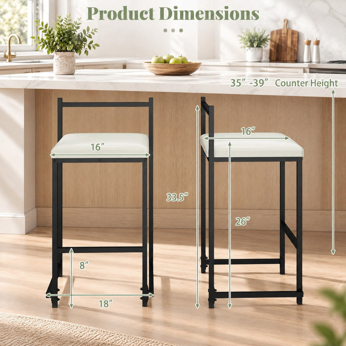 Airfind Set of 2 Stackable Counter Height Bar Stools PU Leather Upholstered with Footrest, 400 lbs Capacity, 16 Inch x 18 Inch x 33.5 Inch Footprint, Black