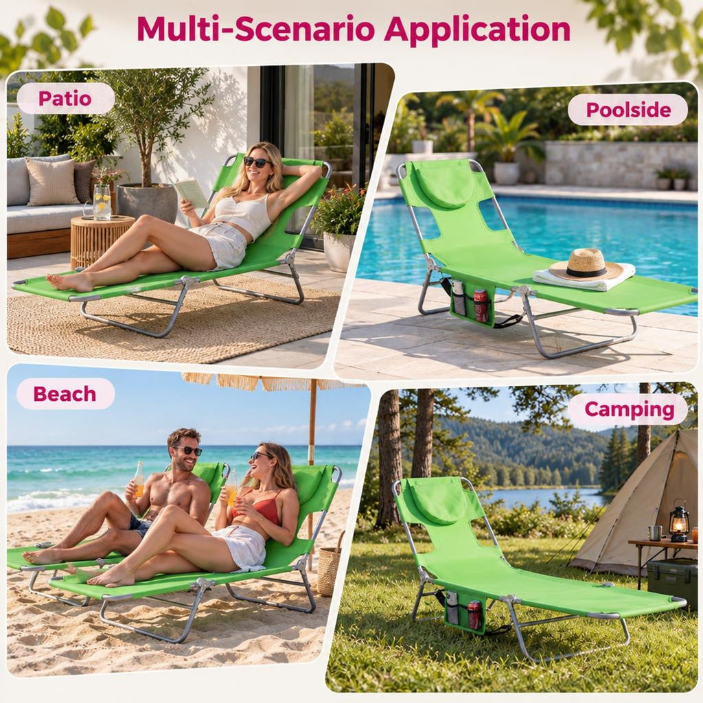 Airfind Folding Beach Lounge Chair with Adjustable Backrest for Lawn, 330 lbs Capacity, Metal Oxford Fabric Polyester Sponge Frame, Green