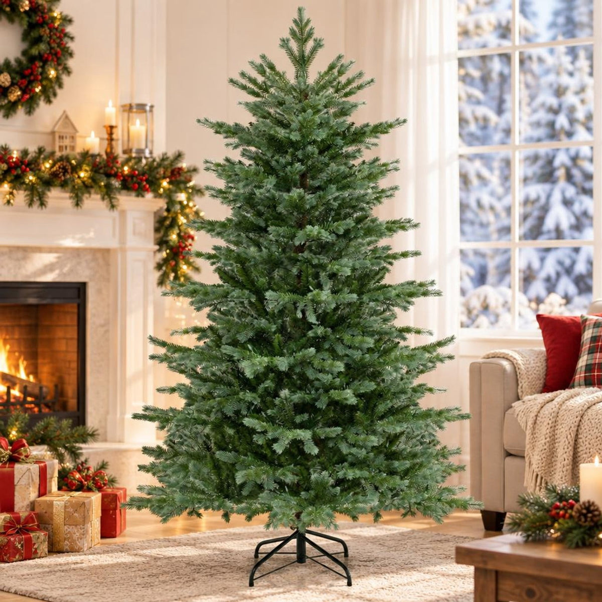 Airfind 6 Feet Artificial Christmas Tree with 2116 Lush PVC Branch Tips and 300 Warm White LED Lights, PVC PE Metal Frame, Green