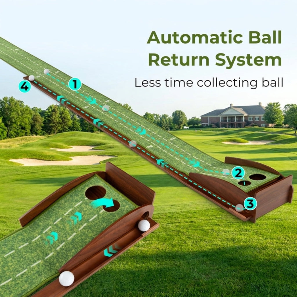 Airfind 10 ft Indoor Putting Mat with Wood Track, Auto Ball Return and 2 Hole Sizes, Brown