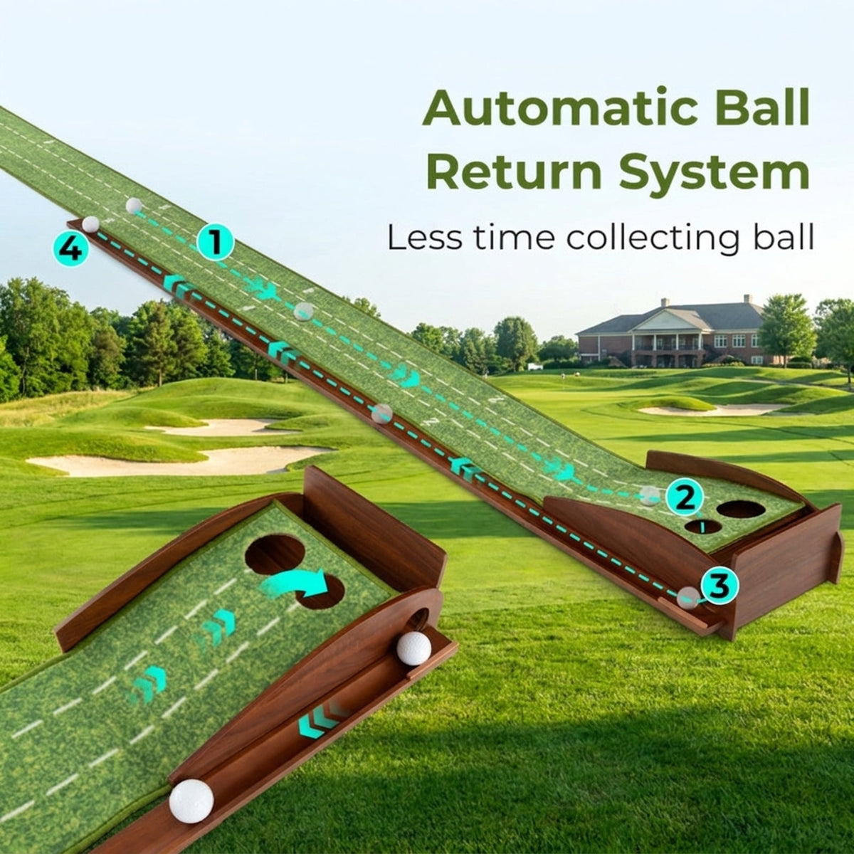 Airfind 10 ft Indoor Putting Mat with Wood Track, Auto Ball Return and 2 Hole Sizes, Brown