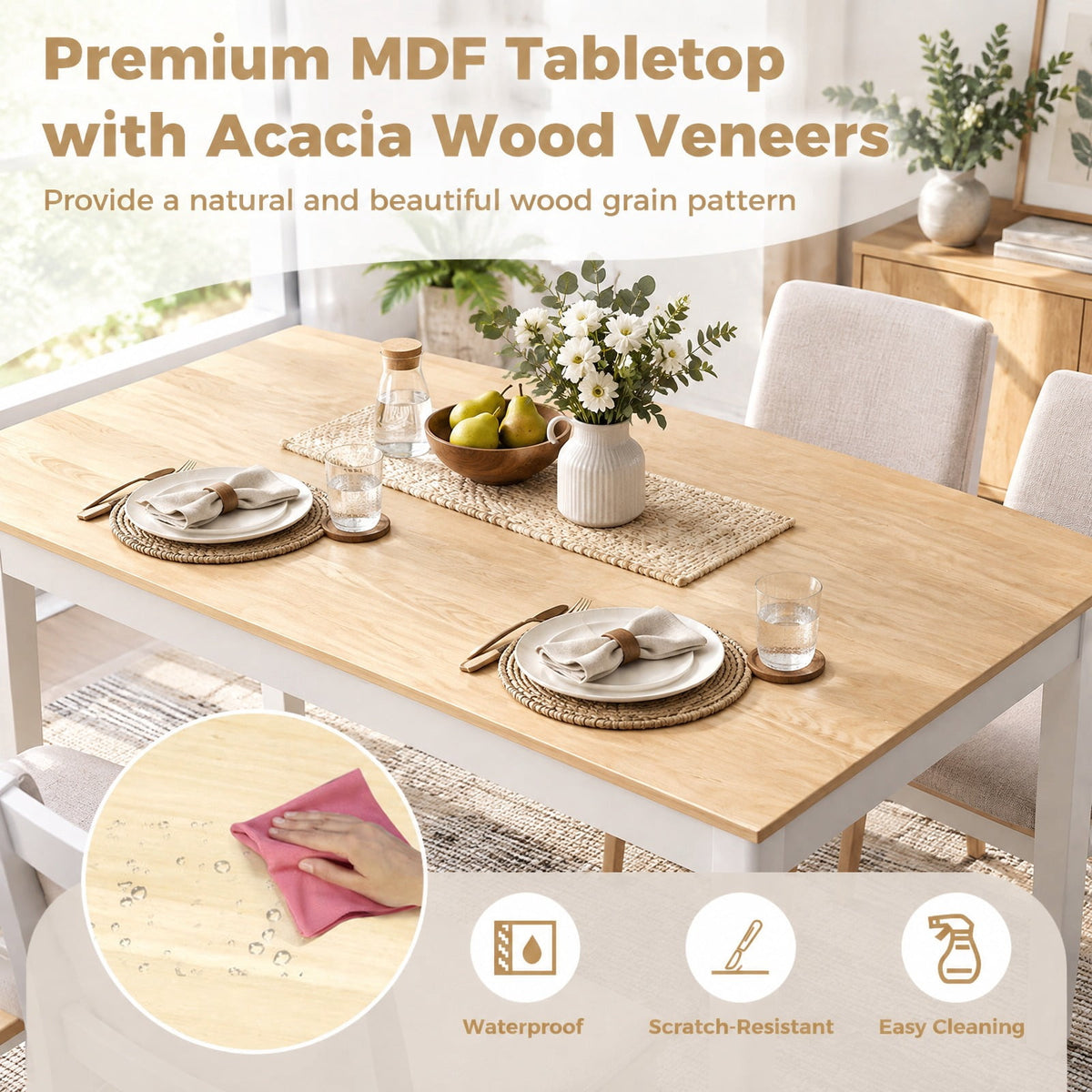Airfind 5-Piece Wooden Dining Set with Rectangular Table and 4 Chairs, 200 lbs Capacity, Rubber Wood Acacia Wood Veneer MDF Plywood Frame, Natural