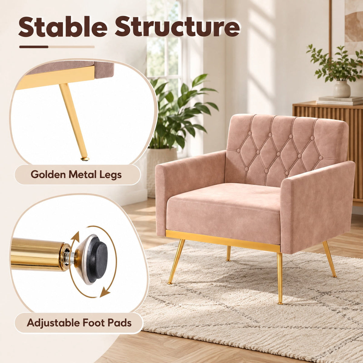 Airfind Modern Velvet Accent Chair with Button Tufted Back Golden Metal Legs and Adjustable Foot Pads, 350 lbs Capacity, Velvet Sponge Metal Frame