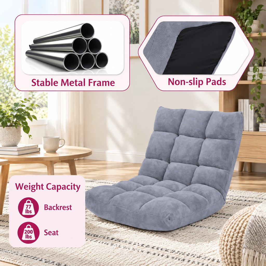 Airfind Adjustable Floor Chair featuring 14-Position Backrest, Thick Cushion, Foldable Steel Frame and 200 Lb Capacity for Living Room, Gray
