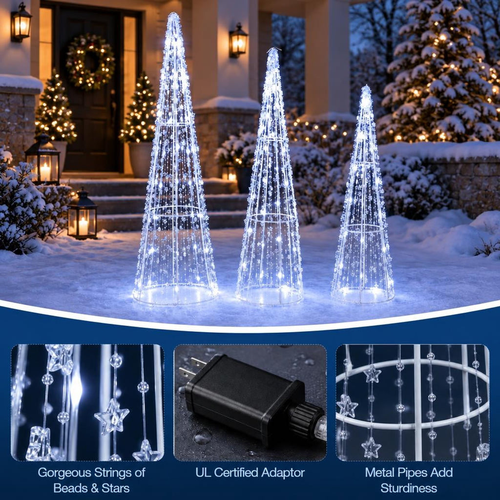 Airfind Set of 3 Pre-lit Christmas Cone Trees with Star Strings for Christmas-Cold White, Metal PS PVC Large Tree Frame, White