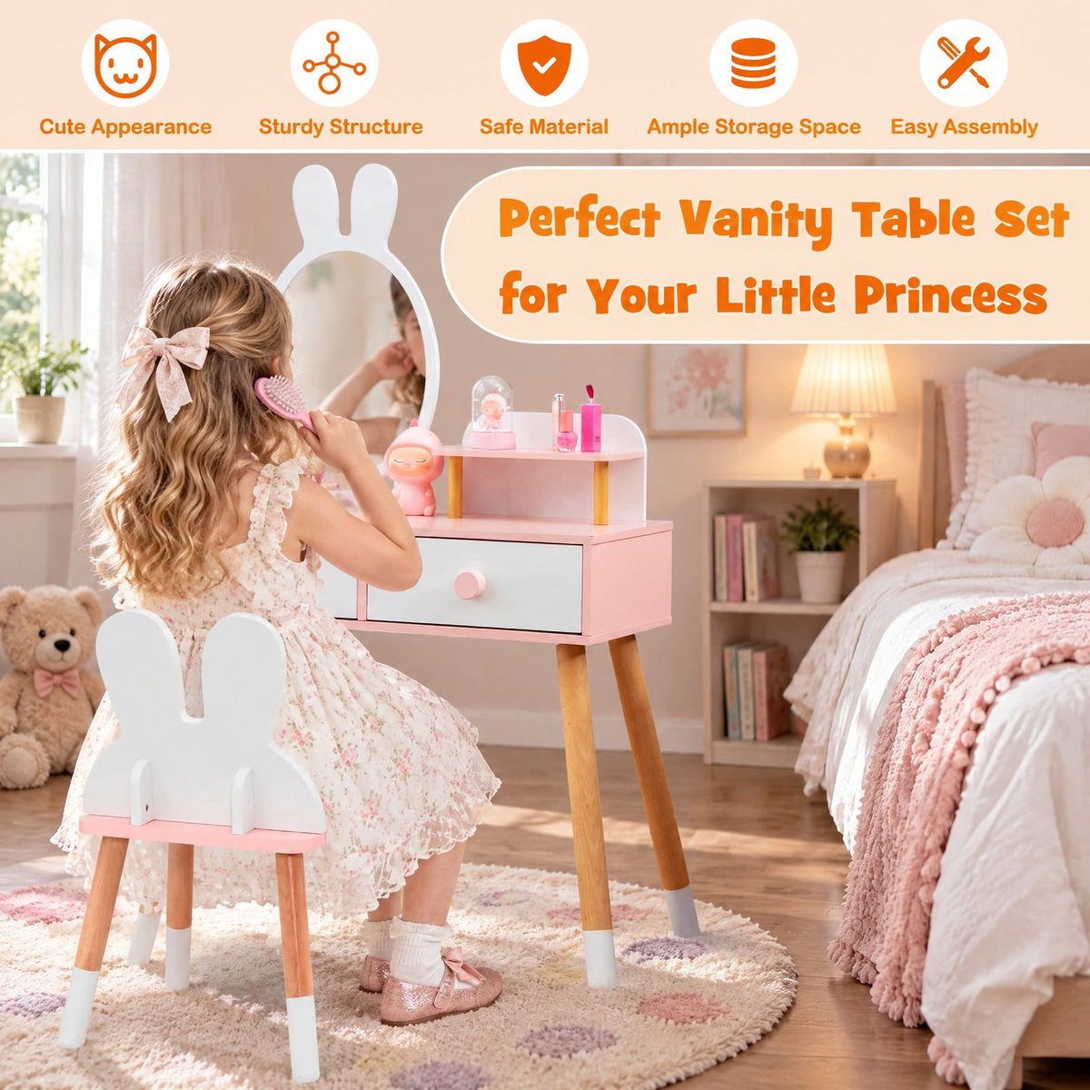 Airfind Kids Vanity Table and Chair Set with Drawer Shelf and Rabbit Mirror, 66 lbs Capacity, MDF Beech Wood Frame, White