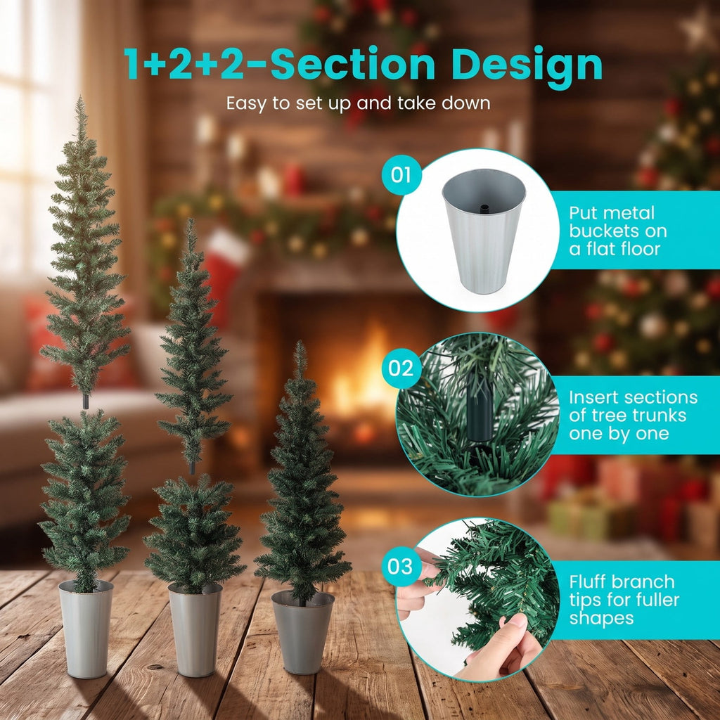 Airfind Set of 3 Potted Artificial Christmas Tree with Silver Metal Buckets, PVC Metal Tree Height 3/4/5 ft Tree Width 1 ft Frame, Silver