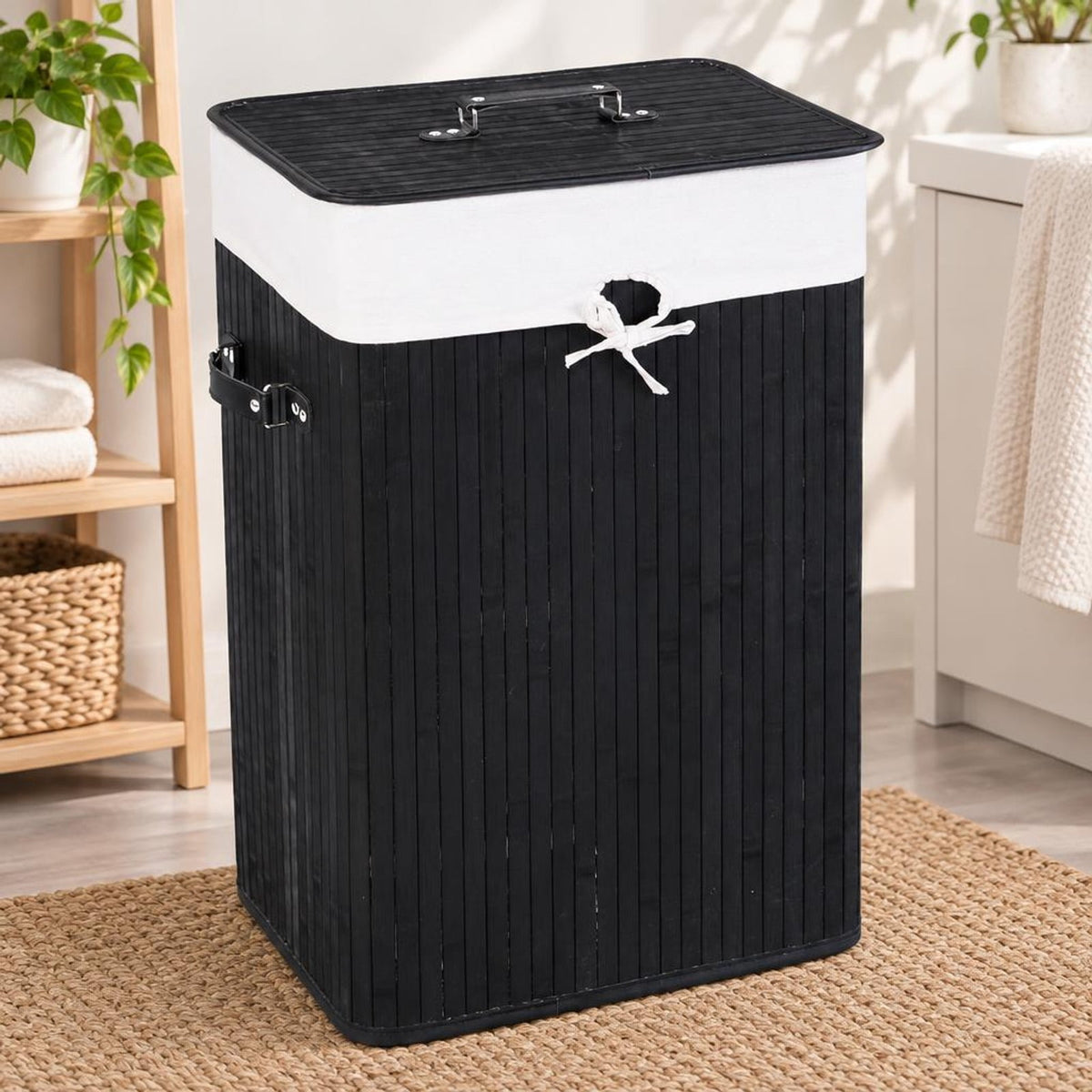 Airfind Rectangle Bamboo Hamper Laundry Basket Washing Cloth Bin Storage Bag Lid 3 color, Bamboo and polyester cotton Frame, Black