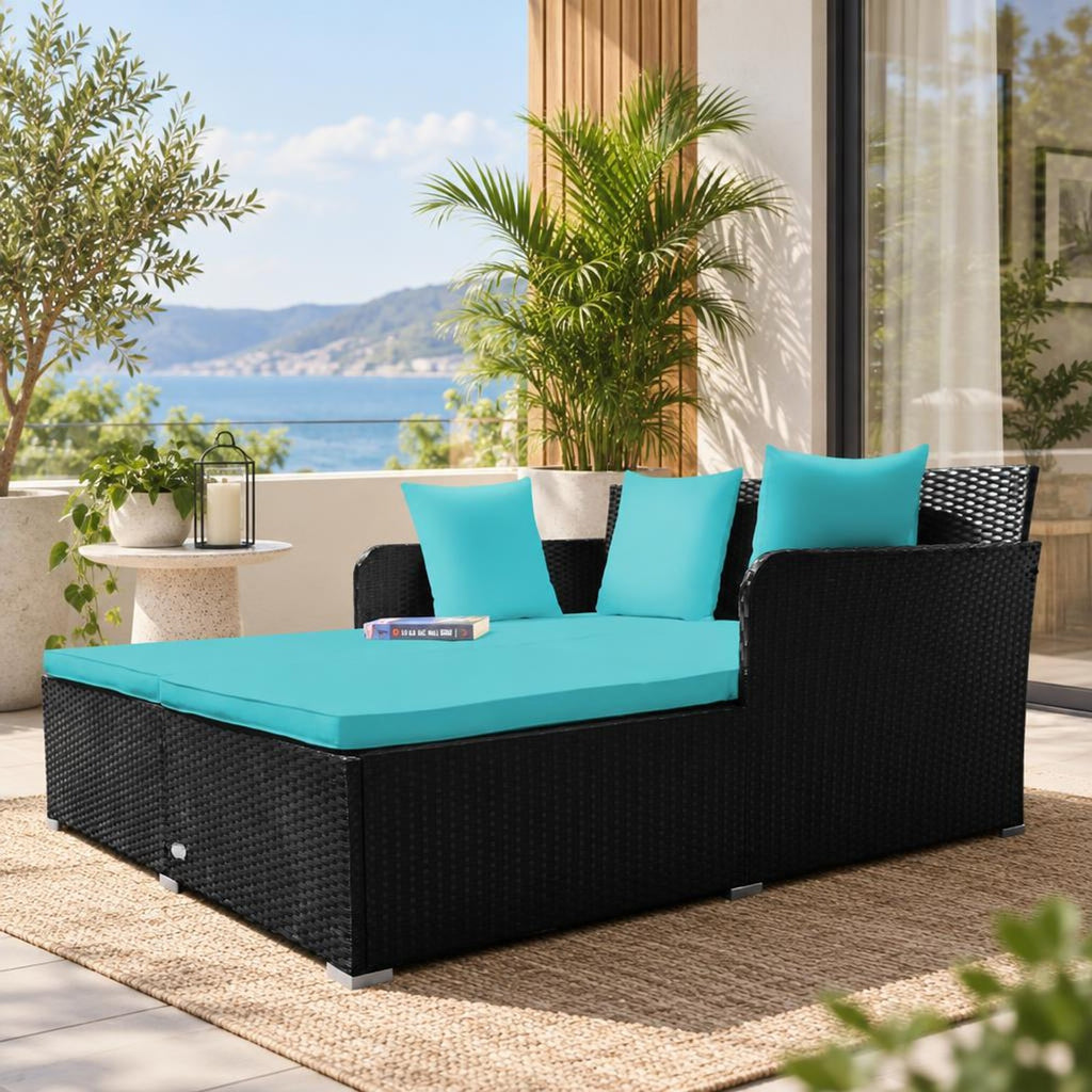 Airfind Spacious Outdoor Rattan Daybed with Upholstered Cushions and Pillows, 800 lbs Capacity, Rattan Steel Sponge Frame, Turquoise