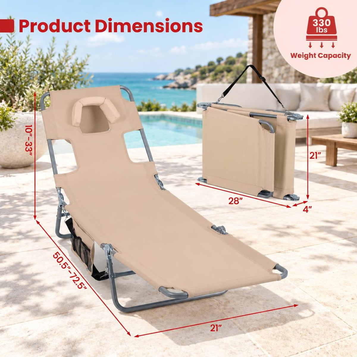 Airfind Folding Beach Lounge Chair with Adjustable Backrest for Lawn, 330 lbs Capacity, Metal Oxford Fabric Polyester Sponge Frame, Beige