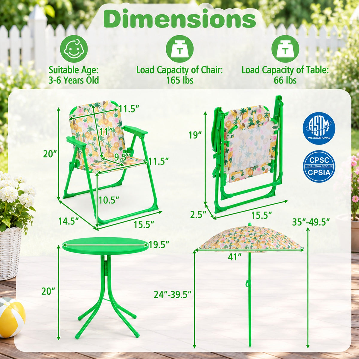 Airfind Kids Outdoor Table and Chair Set with 2 Folding Chairs and Height Adjustable Umbrella, 165 lbs Capacity, for 3-6 Years Old, Beige