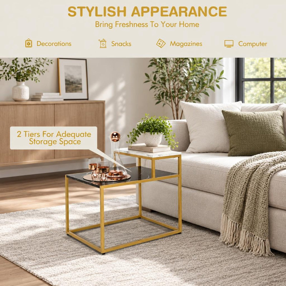 Airfind 2 Tier End Side Table with Metal and Storage Shelf for Living Room, 66 Lbs Capacity, Metal Mdf, 24 Inch X 18 Inch X 22 Inch, White