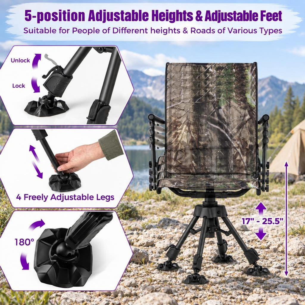 Airfind Folding Swivel Patio Chair with 4 Adjustable Leg, PP Steel Nylon Frame, 21.5 x 21.5 x 33.5-42 Footprint, Camouflage