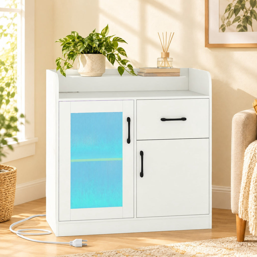 Airfind LED Buffet Sideboard with Charging Station with Drawer and Translucent Fluted Door, 110 lbs Capacity, Engineered Wood MDF PC Frame, White