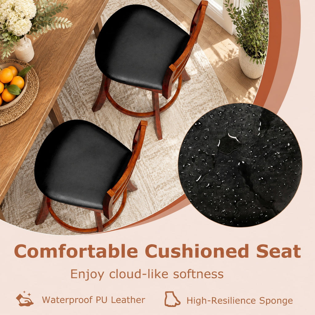 Airfind Swivel Barstools Set of 2 with Backrest and Footrest-24 Inches, 350 lbs Capacity, Rubberwood PU MDF Sponge Frame, Antique Walnut + Black