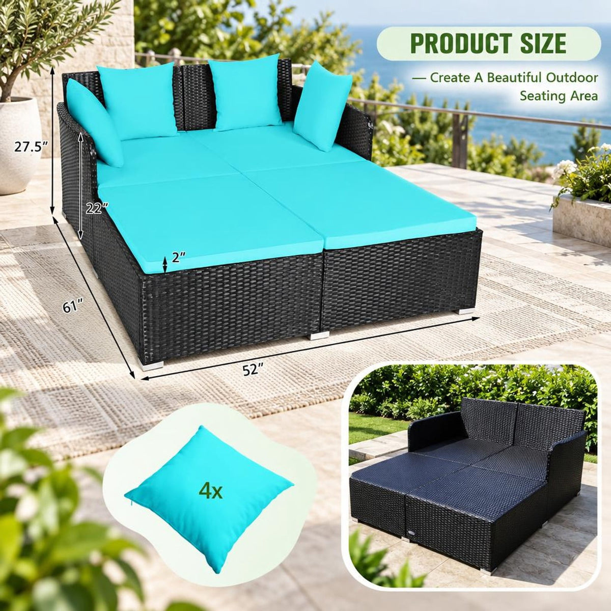 Airfind Spacious Outdoor Rattan Daybed with Upholstered Cushions and Pillows, 800 lbs Capacity, Rattan Steel Sponge Frame, Turquoise