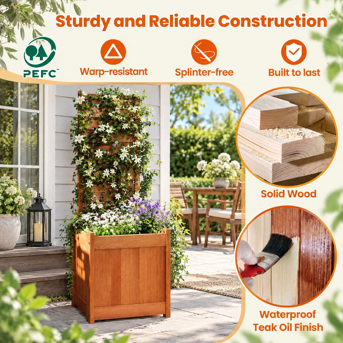 Airfind Outdoor Wooden Raised Garden Bed with Trellis, Solid Wood Frame, 16 x 16 x 48 Planter Footprint, Natural