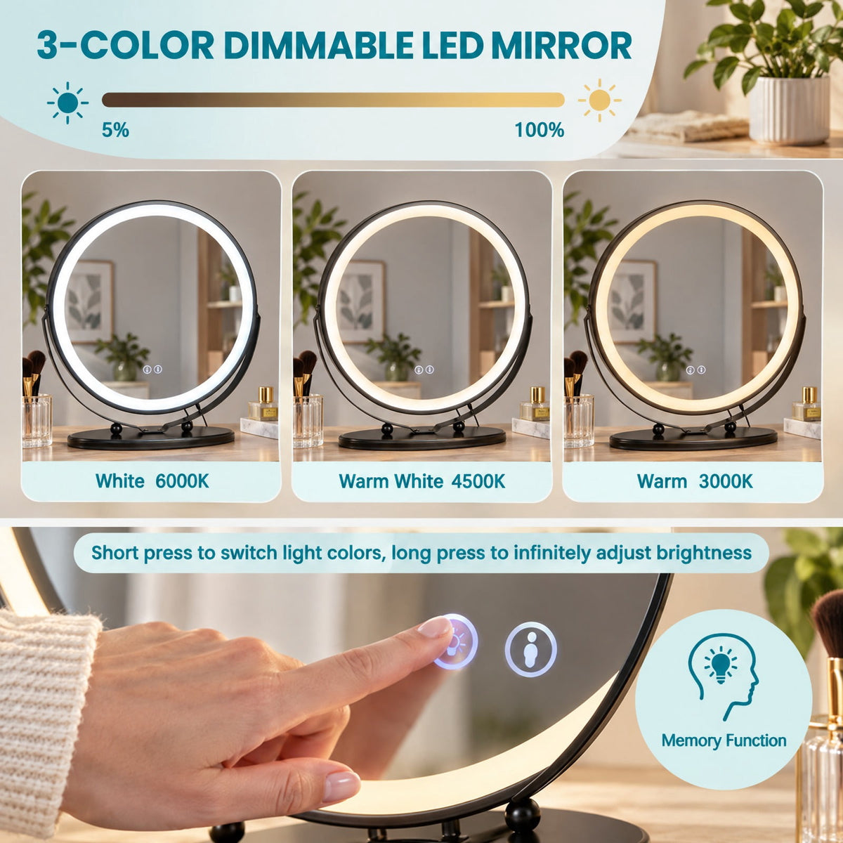 Airfind Vanity Table Set with 3-Color Lighted Mirror and Charging Station, 330 lbs Capacity, MDF Frame, 31.5inx 15.5inx 51in Footprint, Brown