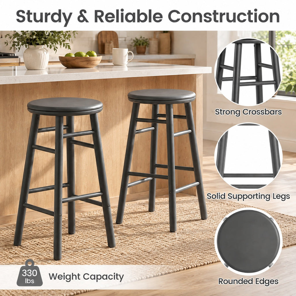 Airfind 24 Inch Swivel Bar Stools Set of 2 with Footrests and Crossbars, 330 lbs Capacity, Rubber Wood Frame, 13 Inch x 13 Inch x 24 Inch Footprint, Gray