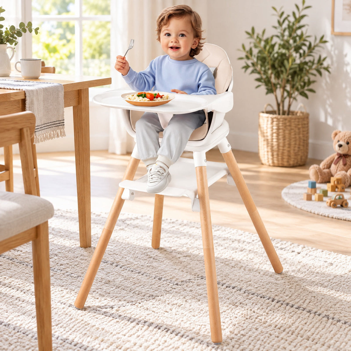 Airfind 6 in 1 Convertible Highchair with Safety Harness and Removable Tray, PP PU Beech Frame, 24.5 x 23 x 35.5 Footprint, Beige