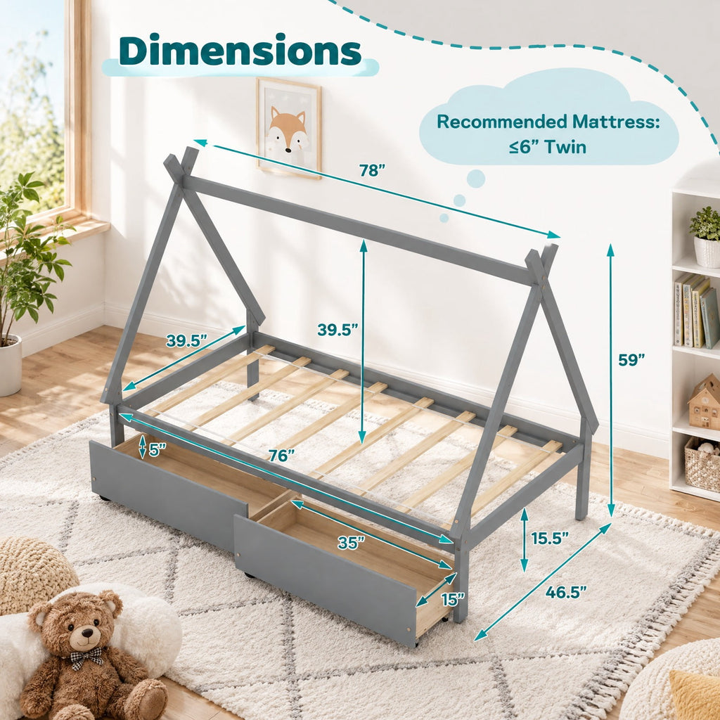 Airfind Twin Size Wooden Tent Platform House Bed with 2 Drawers, 200 lbs Capacity, Solid Wood Plywood Frame, 78 Inch x 46.5 Inch x 59 Inch Footprint, Gray