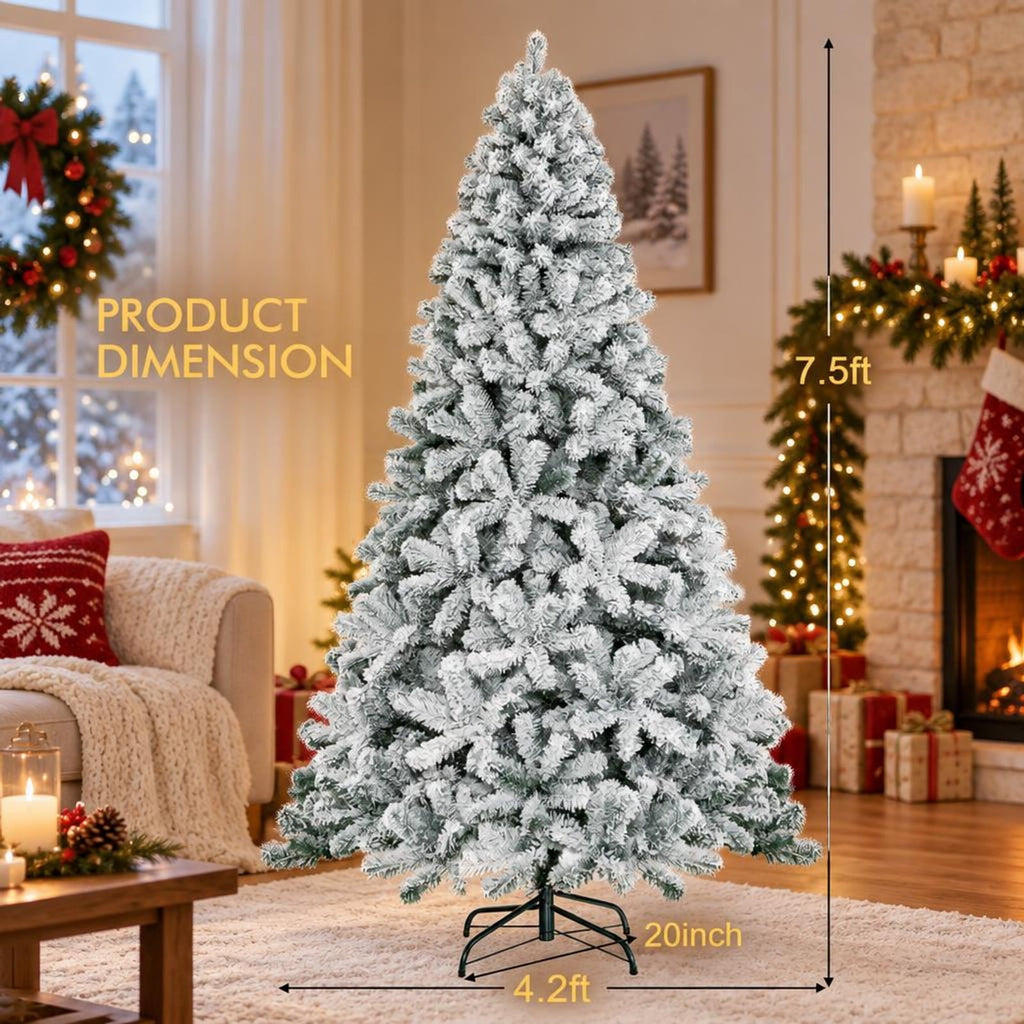 Airfind Snow-flocked Artificial Christmas Tree 7.5 Ft featuring 1010 Branch Tips, Hinged Sections and Metal Stand for Everyday Use, White