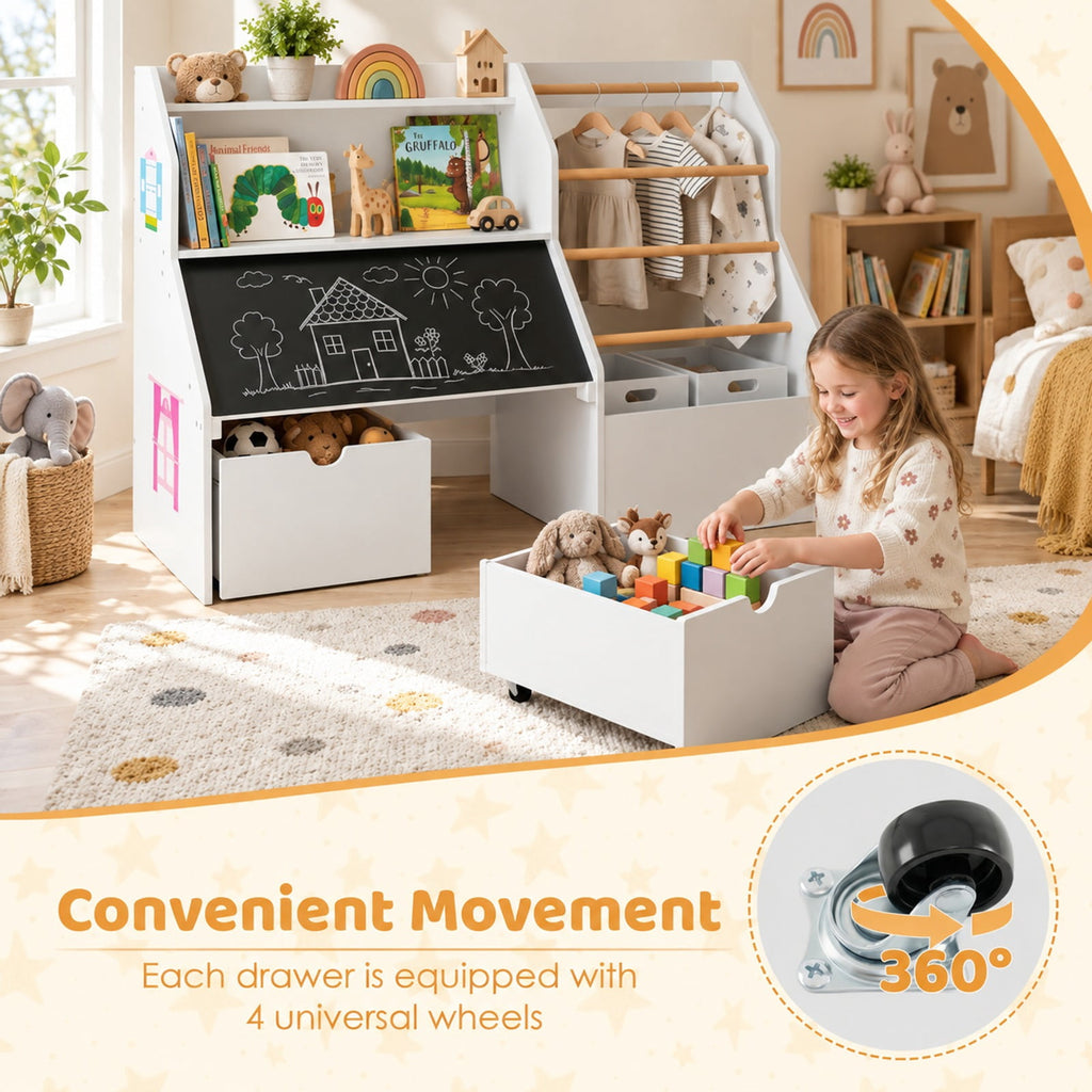 Airfind Kids Toy Storage Organizer with Flip-up Blackboard, Engineered Wood Pine Wood Frame, for 3+ Years Old, 41 Inch x 16 Inch x 28 Inch Footprint, White