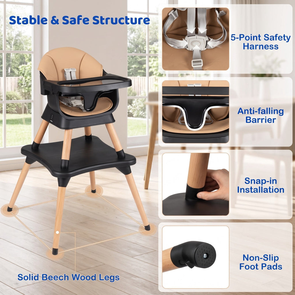Airfind 9-in-1 Convertible High Chair with Solid Wood Legs for Babies and Toddlers, 33 lbs Capacity, PP Frame, for 6 months to 3 years old, Coffee