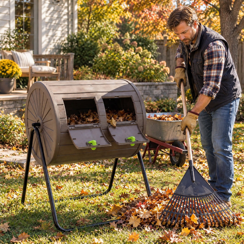 Airfind Compost Tumbler 37.5 Gallon Large Outdoor Compost Bin, PP Metal Frame, 28 x 25 x 36 Barrel Bin Footprint, Coffee