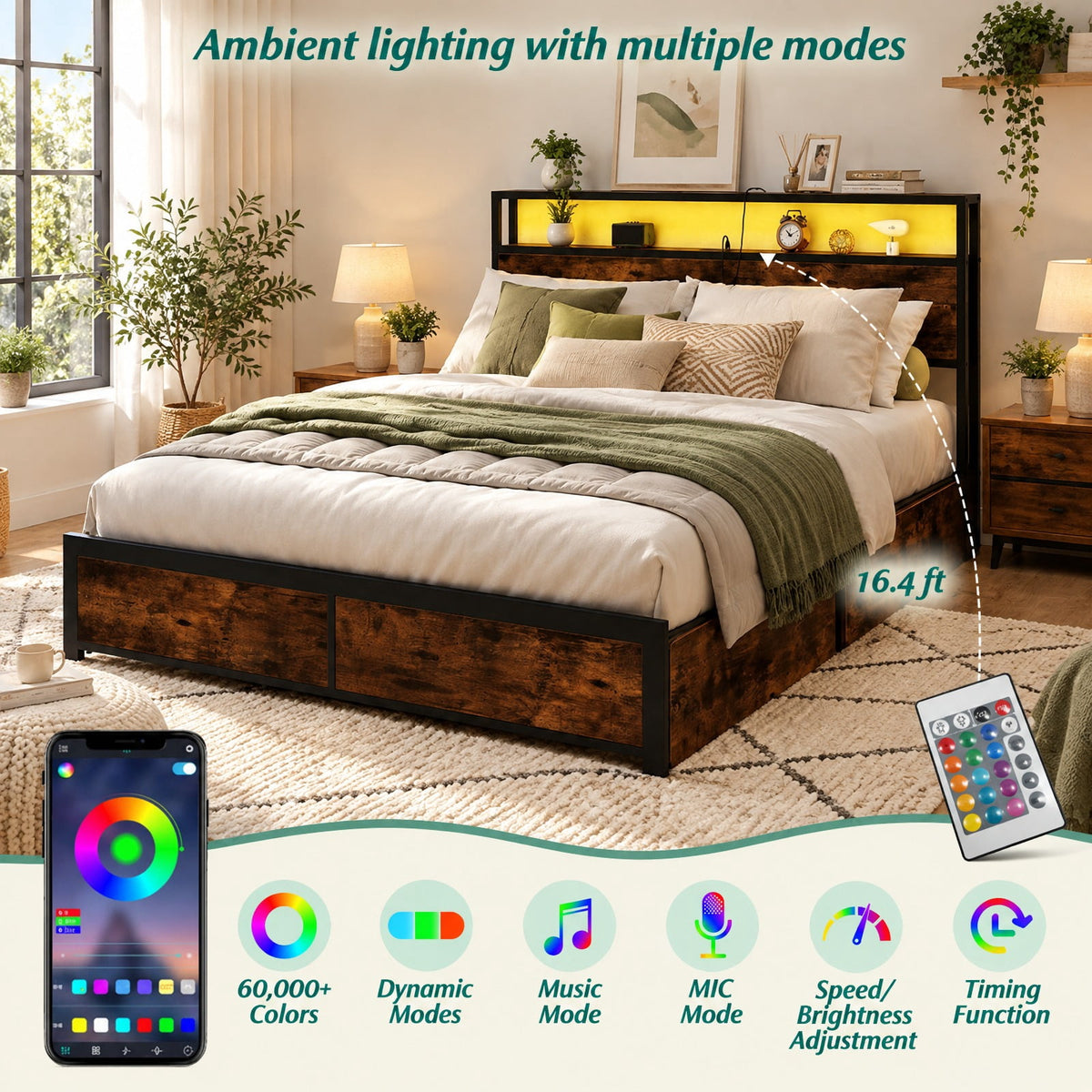 Airfind Full/Queen Size LED Bed Frame with Charging Station and 4 Storage Drawers, 81 Inch x 56 Inch x 40 Inch Inner Footprint