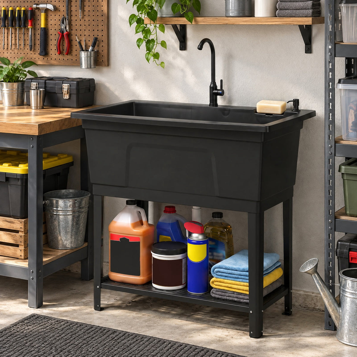 Airfind 100L Utility Sink Laundry Tub with Rotating Faucet and Storage Shelf, Sink 155 lbs Capacity, Metal ABS PP PE Stainless Steel Frame, Black