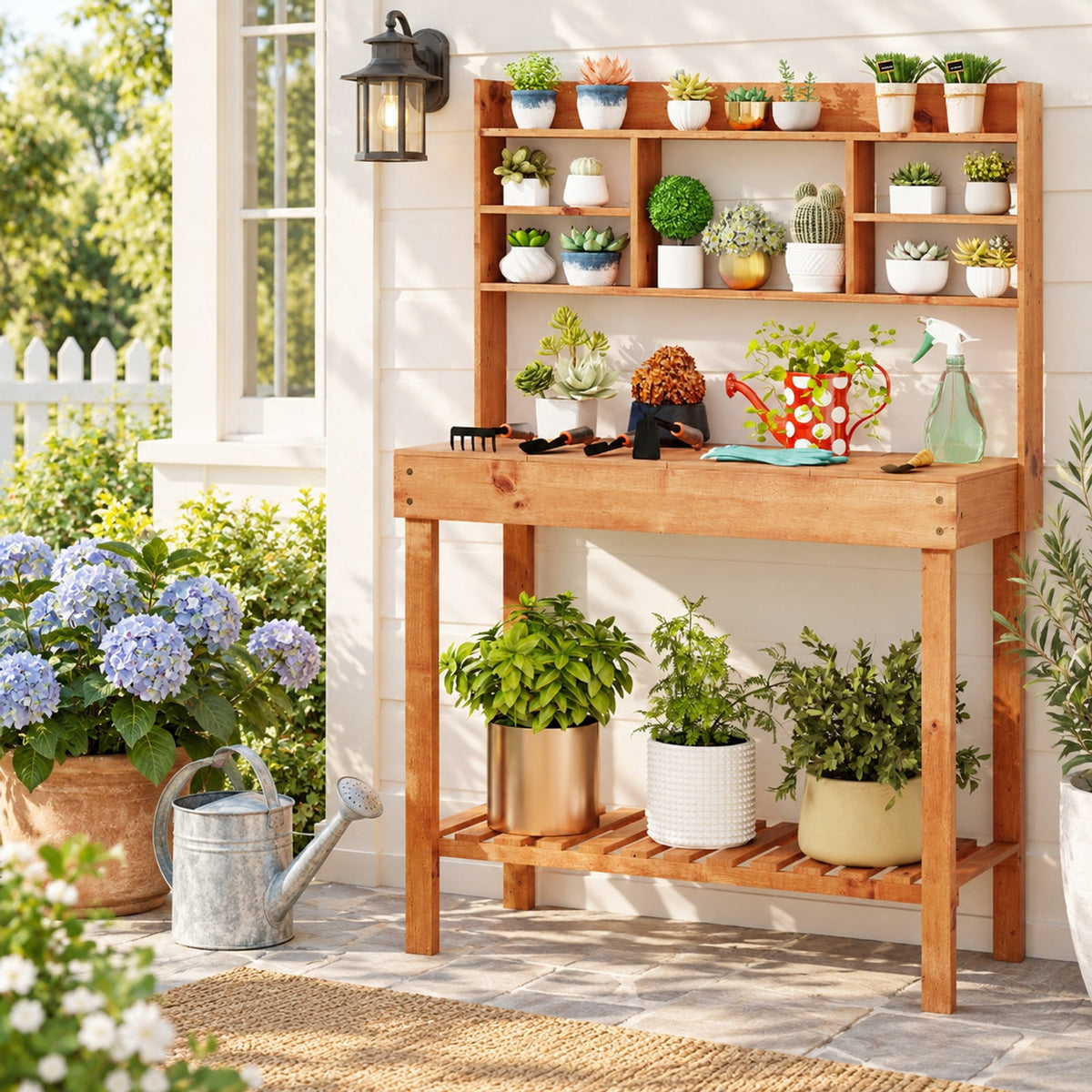 Airfind Wooden Potting Bench Table Garden Planting Workstation with 3-Tier Open Shelf, 22 lbs Capacity, Fir Wood Frame, Brown
